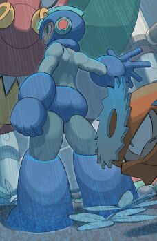 armor artist_request ass ass_focus back boots capcom gloves helmet highres huge_ass male_focus mega_man_(character) mega_man_(classic) mega_man_(series) mega_man_2 metal_man on_floor outdoors rain robot robot_boy shota spin standing underwear