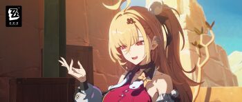 Rule 34 | 1girl, ahoge, bare shoulders, blonde hair, chalky (zenless zone zero), cissia (zenless zone zero), close-up, desert, hair between eyes, hair ornament, highres, long hair, official art, one side up, open mouth, pom pom (clothes), pom pom hair ornament, red eyes, smile, snake, upper body, white snake, zenless zone zero