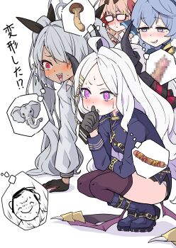 1boy 4girls :d adjusting_eyewear ahoge ako_(blue_archive) black_skirt blood blue_archive blue_eyes blue_hair blush censored chinatsu_(blue_archive) collared_shirt commentary_request demon_girl demon_horns demon_wings doodle_sensei_(blue_archive) elephant erection fang food glasses grey_hair hair_between_eyes half_updo halo highres hina_(blue_archive) horns iori_(blue_archive) long_hair long_sleeves looking_at_viewer mosaic_censoring mosuke1221 multiple_girls mushroom nervous_sweating nosebleed open_mouth orange_hair panties parted_bangs penis prefect_team_(blue_archive) purple_eyes red_eyes sausage school_uniform sensei_(blue_archive) shirt sidelocks simple_background skirt smile speech_bubble spoken_character spoken_object surprised sweat thought_bubble translation_request twintails underwear very_long_hair white_hair white_panties wings