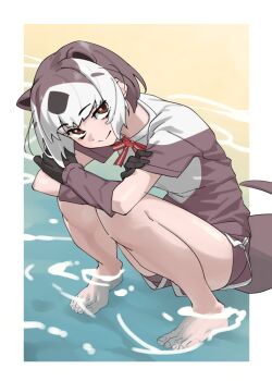 1girl animal_ears bare_legs barefoot bike_shorts bike_shorts_under_shorts black_gloves bow bowtie brown_eyes brown_gloves brown_hair brown_shirt brown_shorts commentary crossed_arms dolphin_shorts extra_ears feet full_body gloves hair_between_eyes highres kemono_friends looking_at_viewer looking_up multicolored_hair north_american_river_otter_(kemono_friends) otter_ears otter_girl otter_tail red_bow red_bowtie shirt short_hair short_sleeves shorts sidelocks smile solo squatting t-shirt tail tanabe_(fueisei) toes two-tone_hair two-tone_shirt water white_hair white_shirt