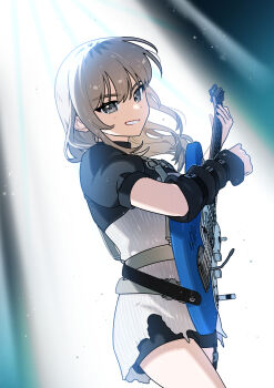 1girl arm_warmers belt black_nails black_shorts blush commentary cowboy_shot electric_guitar girls_band_cry grey_eyes grey_hair guitar habsida_(habsida_hpy) highres instrument kawaragi_momoka light_particles long_hair looking_at_viewer multicolored_hair parted_lips roots_(hair) shorts solo