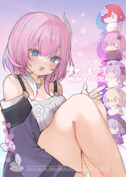 1girl aglaea_(honkai:_star_rail) alternate_breast_size_(larger) bare_shoulders blue_eyes breasts castorice_(honkai:_star_rail) cipher_(honkai:_star_rail) coat commentary_request cyrene_(aedes_elysiae)_(honkai:_star_rail) cyrene_(honkai:_star_rail) dress evernight_(honkai:_star_rail) hair_ornament highres honkai:_star_rail honkai_(series) jewelry knees_up march_7th_(honkai:_star_rail) medium_breasts multicolored_hair necklace pink_hair purple_coat short_hair thighs trianne_(honkai:_star_rail) two-tone_hair white_dress yukari_(rihenara_doll)