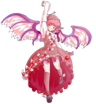 1girl animal_ears arm_up bird_ears bird_wings black_shoes blush brown_dress brown_hat brown_socks commentary_request dairi dress full_body half-closed_eyes hat highres imperishable_night large_variant_set long_sleeves medium_hair mystia_lorelei parted_lips pink_hair shirt shoes socks solo tachi-e tearing_up touhou transparent_background variant_set white_shirt winged_hat wings