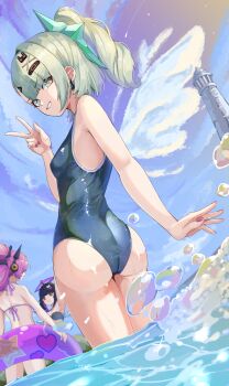 3girls absurdres angels_of_delusion aria_(zenless_zone_zero) ass bandaid bandaid_hair_ornament beacon black_hair blue_one-piece_swimsuit breasts cat_hair_ornament commentary_request earrings excella_(delltothu) from_behind from_below green_eyes green_hair grin hair_intakes hair_ornament highres jewelry looking_at_another looking_at_viewer medium_hair multiple_girls nangong_yu nangong_yu_(rhapsody's_muse) ocean one-piece_swimsuit outdoors pink_hair ponytail red_eyes sidelocks sky small_breasts smile sunna_(zenless_zone_zero) swim_ring swimsuit v water x_hair_ornament zenless_zone_zero