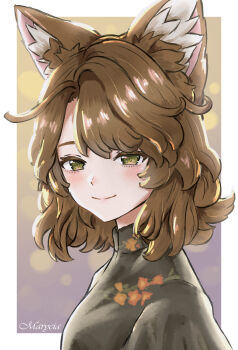 1girl absurdres animal_ear_fluff animal_ears artist_name black_shirt blush border brown_eyes brown_hair cat_ears character_name closed_mouth commentary_request floral_print from_side gradient_background green_eyes highres looking_at_viewer looking_to_the_side marycia_(vrchat) medium_hair outside_border portrait purple_background shirt short_hair smile solo turtleneck upper_body user_rrsj5837 vrchat white_border