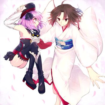 2girls automaton_(object) bare_shoulders black_hair black_legwear blush colonel_olcott_(fate) detached_sleeves doll fate/grand_order fate_(series) flat_chest guricoogen hat helena_blavatsky_(fate) highres japanese_clothes kara_no_kyoukai kimono multiple_girls obi purple_eyes purple_hair ryougi_shiki sash short_hair sketch smile strapless thighhighs