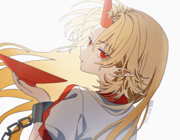 Rule 34 | 1girl, artist name, blonde hair, chain, commentary request, cuffs, cup, dated, fafa, highres, holding, holding cup, horns, hoshiguma yuugi, long hair, looking at viewer, looking back, oni, pointy ears, puffy short sleeves, puffy sleeves, red eyes, red horns, sakazuki, shackles, shirt, short sleeves, single horn, solo, touhou, very long hair, white shirt