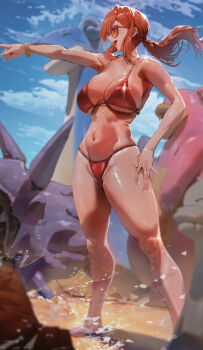 1girl :d absurdres barefoot bikini blue_sky blurry blurry_background breasts cloud cloyster commentary dated_commentary day english_commentary floating_hair gen_1_pokemon highres lapras large_breasts long_hair lorelei_(pokemon) making-of_available navel nintendo open_mouth outdoors outstretched_arm pointing pointing_forward pokemon pokemon_(creature) pokemon_firered_and_leafgreen red_bikini red_hair revision rororo sidelocks sky slowbro smile standing stomach string_bikini sunglasses swimsuit teeth upper_teeth_only