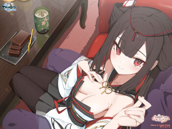 1boy 1girl azur_lane bare_shoulders black_pantyhose blunt_bangs blush breasts brown_hair cleavage closed_mouth collarbone colored_inner_hair commander_(azur_lane) copyright_name couch cup detached_collar detached_sleeves downblouse eyeshadow food from_above hair_between_eyes hair_ornament hand_on_another&#039;s_chest hand_on_own_chest hand_up hatsuzuki_(azur_lane) highres horns hukahire0120 indoors japanese_clothes kimono logo long_hair long_sleeves looking_at_viewer looking_up makeup medium_breasts miniskirt multicolored_hair no_bra obi official_art on_couch out_of_frame pantyhose plate pleated_skirt pov red_eyes red_eyeshadow red_hair sash sitting sitting_between_lap sitting_on_person skirt smile solo_focus strapless table tea two-tone_hair wagashi white_kimono white_sleeves wide_sleeves youkan_(food) yunomi