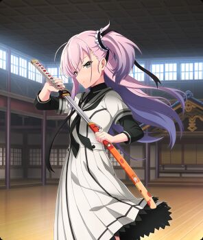 1girl ayanokouji_martial_arts_school_uniform black_garter black_neckerchief black_ribbon black_sleeves breasts closed_mouth day drawing_sword dress feet_out_of_frame frilled_garter game_cg grey_eyes grey_sailor_collar hair_ribbon holding holding_sheath holding_sword holding_weapon indoors katana long_hair looking_at_viewer looking_to_the_side neckerchief official_art purple_hair purple_pupils ribbon sailor_collar school_uniform serafuku sheath short_side_ponytail sideways_glance single_sidelock small_breasts solo sword third-party_source toji_no_miko toji_no_miko:_kizamishi_issen_no_tomoshibi tsubakuro_yume unsheathing weapon white_dress white_serafuku window wooden_floor