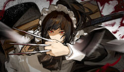 Rule 34 | 1girl, apron, black dress, black hair, blood, dress, high ponytail, holding, holding knife, knife, limbus company, long sleeves, looking at viewer, maid, maid headdress, nishikujic, project moon, red eyes, ryoshu (project moon), solo, white apron