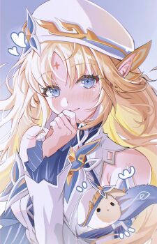 1girl bare_shoulders beret blonde_hair blue_background blue_eyes blush closed_mouth detached_sleeves dodoco_(genshin_impact) dress facial_mark forehead_mark genshin_impact geumxxi hand_up hashtag-only_commentary hat highres long_hair long_sleeves looking_at_viewer nicole_reeyn pointy_ears smile solo symbol-shaped_pupils upper_body very_long_hair white_dress white_hat white_sleeves