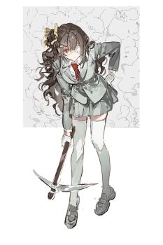 1girl blazer bow bowtie brown_hair closed_mouth expressionless eyepatch full_body grey_jacket grey_shoes grey_skirt hair_bow hand_on_own_hip highres jacket kitakawayui lapels long_hair medical_eyepatch miniskirt necktie notched_lapels one_side_up original pickaxe pleated_skirt red_bow red_bowtie red_eyes red_necktie shoes skirt solo standing thighhighs uwabaki wavy_hair white_background white_thighhighs yellow_bow zettai_ryouiki