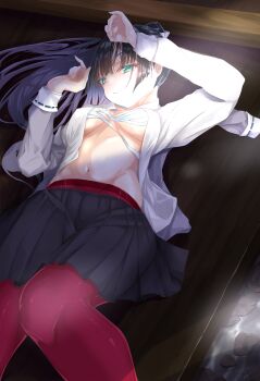 1girl absurdres black_hair blue_eyes chest_sarashi commentary_request convenient_censoring heaven_burns_red highres lying natsume_inori navel on_back pantyhose sarashi user_juda5744