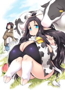 1boy 1girl :3 animal_feet animal_print ass black_hair black_panties blue_eyes breasts cleavage closed_eyes cow cow_girl cow_horns cow_print cow_tail cowbell dot_nose ear_tag eyelashes food fruit gigantic_breasts glasses grass horizontal_pupils horns huge_ass looking_at_viewer oppai_loli original otaku panties peach robot scarf sitting solo_focus tail tsukasawa_takamatsu underwear white_background