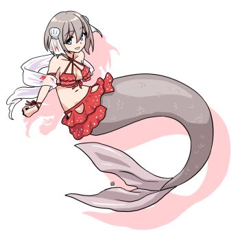 1girl bare_shoulders bikini blue_eyes breasts collarbone colored_shadow commentary_request commission criss-cross_halter drop_shadow full_body grey_hair hagoromo hair_between_eyes hair_ornament halterneck highres isla_(cophocoa) looking_at_viewer medium_breasts mermaid monster_girl muu_(mumumer) navel original red_bikini seashell shadow shawl shell shell_hair_ornament simple_background skeb_commission smile solo swimsuit white_background