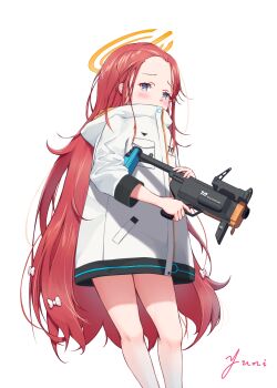 1girl blue_archive blue_eyes blush bow commentary cowboy_shot finger_on_trigger forehead game_development_department_(blue_archive) gun hair_bow halo highres holding holding_gun holding_weapon jacket long_hair long_sleeves m320 millennium_science_school_logo multiple_hair_bows orange_halo parted_bangs red_hair signature simple_background solo standing very_long_hair weapon white_background white_bow white_jacket yellow_halo yuni_yuni yuzu_(blue_archive)