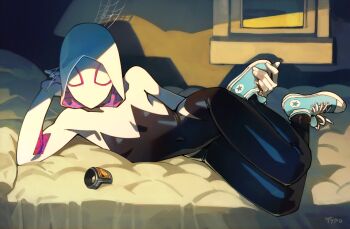 1girl bedroom bodysuit breasts full_body highres hood hooded_bodysuit indoors lying marvel multicolored_bodysuit on_bed on_side optionaltypo shoes silk skin_tight small_breasts sneakers solo spider-gwen spider-man_(series) spider_web window