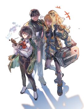 1boy 2girls ^_^ black_boots black_eyes black_hair black_pantyhose black_skirt blonde_hair blue_jacket blush boots closed_eyes coat coat_on_shoulders ezra_(project_moon) full_body glasses green_coat high_ponytail highres jacket limbus_company long_hair moses_(project_moon) multiple_girls open_mouth pantyhose ponytail project_moon skirt smile the_distortion_detective vespa_crabro wavy_hair wrong5166