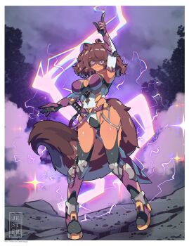 1girl animal_ears arm_up artist_name body_fur boots breasts brown_hair cleavage closed_mouth dark-skinned_female dark_skin elbow_gloves electricity full_body garter_straps gloves highres jesternalagon large_breasts leotard lightning looking_at_viewer original pointing pointing_up purple_eyes raccoon_ears raccoon_girl raccoon_tail short_hair signature smile solo standing sword tail thick_eyelashes thighhighs weapon