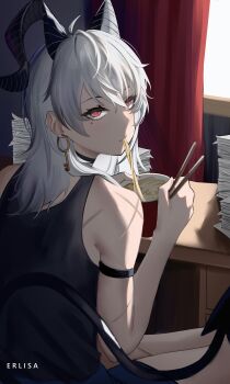 1girl absurdres alternate_costume arm_strap artist_name bare_shoulders black_eyes black_hair black_horns black_tail black_tank_top chopsticks commentary instant_cup_noodles curled_horns demon_tail desk earrings eating english_commentary erlisa_takanashi from_behind highres holding holding_chopsticks horns indoors instant_noodles jewelry key_earrings looking_at_viewer looking_back mole mole_under_eye multicolored_eyes paper_stack red_eyes sitting solo tail tank_top two-tone_eyes white_hair wuthering_waves zani_(wuthering_waves)