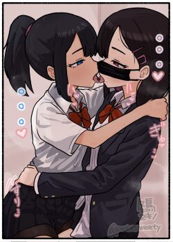 ... 2girls artist_name bike_shorts black_hair black_mask black_shorts black_skirt blue_eyes border bow bowtie collared_shirt commentary_request cowboy_shot french_kiss from_side fuyudori_yukino hair_ornament hair_tie hairclip hands_on_another's_shoulders hands_on_another's_waist heart high_ponytail highres hug kiss long_hair long_sleeves looking_at_another mask mask_lift mouth_mask multiple_girls original pleated_skirt ponytail purple_eyes red_bow red_bowtie school_uniform shirt short_sleeves shorts sitting sitting_on_lap sitting_on_person sketch_background skirt sound_effects twitter_username white_shirt yuri