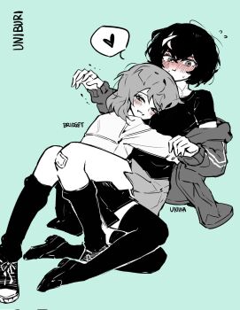 1boy 1girl alternate_universe black_hair black_thighhighs blush bridget_(guilty_gear) character_name crossdressing flying_sweatdrops guilty_gear hetero highres hug ky_gwangin smile thighhighs trap unika_(guilty_gear)
