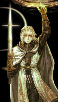Rule 34 | 1girl, arm up, armor, artist name, black background, blonde hair, braid, cape, casting spell, chainmail, closed mouth, commentary, crown braid, elden ring, elden ring: shadow of the erdtree, english commentary, highres, holding, holding sword, holding weapon, long hair, looking at viewer, needle knight leda, rashuu, sword, twitter username, weapon, white cape