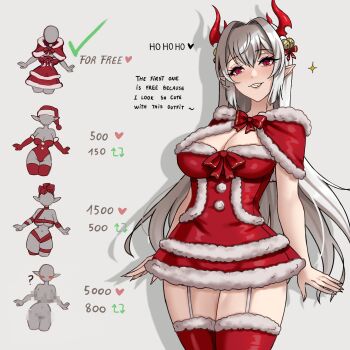 1girl absurdres breasts capelet christmas cleavage commentary cowboy_shot dress english_commentary english_text eyelashes grey_hair highres horns large_breasts long_hair original pointy_ears red_capelet red_dress red_eyes red_horns ryuuneart simple_background solo sparkle strapless strapless_dress thighhighs twitter_strip_game twitter_strip_game_parody white_background white_thighhighs