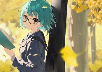 1girl absurdres blazer blue_eyes blue_hair blue_jacket blurry blurry_background blurry_foreground book borumete closed_mouth collared_shirt commentary_request day depth_of_field falling_petals glasses guitar_case highres holding holding_book hololive hoshimachi_suisei instrument_case instrument_case_on_back jacket looking_at_viewer outdoors petals school_uniform shirt short_hair smile solo star_(symbol) star_in_eye symbol_in_eye virtual_youtuber white_shirt