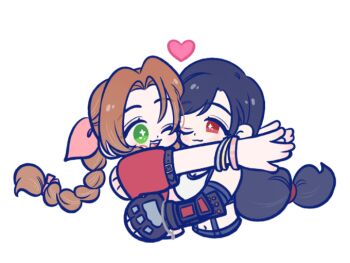 105zz 2girls :3 aerith_gainsborough arm_belt black_bra black_gloves black_hair bra braid braided_ponytail breasts brown_hair chibi chibi_only cleavage closed_mouth commentary_request cropped_torso dress elbow_gloves final_fantasy final_fantasy_vii final_fantasy_vii_remake fingerless_gloves gloves gold_bangle green_eyes hair_ribbon hair_tie hug jacket long_hair low-tied_long_hair midriff multiple_girls navel one_eye_closed open_mouth outstretched_arms parted_bangs pink_dress pink_ribbon red_eyes red_jacket ribbon shirt short_sleeves sidelocks silver_bangle single_braid single_vambrace sports_bra suspenders tifa_lockhart underwear upper_body vambraces white_background white_shirt yuri
