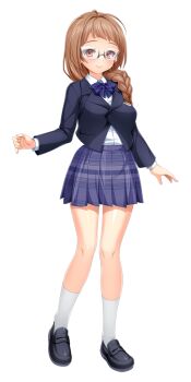 1girl black_jacket blazer blue_bow blue_bowtie blue_skirt blush bow bowtie braid braided_ponytail breasts brown_eyes brown_hair closed_mouth collared_shirt dress_shirt full_body game_cg glasses grey-framed_eyewear hair_over_shoulder jacket kamitsurugi_ouka kouyoku_senki_exs-tia_concert kunijima_chiaki large_variant_set loafers long_hair long_sleeves looking_at_viewer miniskirt non-web_source official_art plaid_bow plaid_bowtie plaid_clothes plaid_skirt pleated_skirt purple_skirt red_eyes school_uniform shirt shoes single_braid skirt smile socks solo standing tachi-e transparent_background variant_set white_shirt white_socks