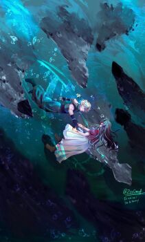 absurdres aerith_gainsborough bangle black_boots black_gloves blonde_hair blue_pants blue_shirt boots bracelet brown_boots brown_hair cloud_strife dress final_fantasy final_fantasy_vii final_fantasy_vii_rebirth final_fantasy_vii_remake flower full_body gloves highres jacket jewelry long_dress long_hair looking_at_another pants pink_dress red_jacket shirt short_hair single_bare_shoulder sleeveless sleeveless_turtleneck spiked_hair turtleneck twitter_username underwater yellow_flower zzzoeuf