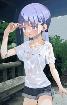 1girl arm_up bench blue_eyes blue_shorts blush bra bra_visible_through_clothes breasts clothes_writing collarbone covered_navel denim denim_shorts furrowed_brow hair_ornament hayakawa_sena_(pei_iriya) highres long_hair open_mouth original outdoors pei_iriya purple_hair rain see-through_clothes see-through_shirt shirt short_sleeves shorts solo standing t-shirt twintails underwear wet wet_clothes wet_shirt white_bra wooden_bench