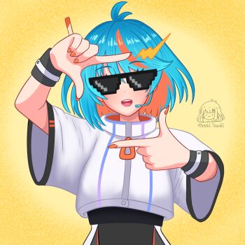 Rule 34 | 1girl, ahoge, black skirt, blue hair, blush, deal with it (meme), finger frame, futuristic outfit, hair ornament, hairclip, headset, highres, indie virtual youtuber, lightning bolt symbol, looking at viewer, meme, meraki hanaki, michi (vtuber), microphone, multicolored hair, nail polish, non-web source, open mouth, second-party source, shirt, short hair, signature, simple background, skirt, solo, sunglasses, upper body, virtual youtuber, white shirt, wide sleeves, yellow background