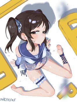 1girl absurdres barefoot bikini blue_sailor_collar breasts brown_eyes brown_hair closed_mouth dated frilled_thigh_strap from_above full_body highres idolmaster idolmaster_cinderella_girls looking_at_viewer navel p-head_producer pout producer_(idolmaster) sailor_bikini sailor_collar short_hair sitting solo swimsuit tachibana_arisu thigh_strap tomber twintails