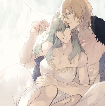 1boy 1girl blonde_hair breasts cleavage coat collarbone couple dimitri_alexandre_blaiddyd dimitri_alexandre_blaiddyd_(timeskip) dress female_byleth_(awakened)_(fire_emblem) female_byleth_(fire_emblem) fire_emblem fire_emblem:_three_houses fur-trimmed_coat fur_trim green_hair hetero holding_hands hug hug_from_behind llldmlslll medium_breasts medium_hair nintendo short_hair spaghetti_strap white_dress