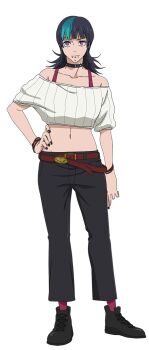 1boy androgynous cropped_sweater crossdressing crossdressing_(mtf) face_piercing hand_on_own_hip highres hoshi_kirara jujutsu_kaisen lip_piercing midriff mouth_piercing navel off_shoulder official_art piercing smile solo sweater transparent_background trap wide_hips
