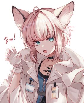 1girl ahoge animal_ear_fluff animal_ears aqua_eyes arknights black_choker choker claw_pose collarbone etru_faufau fang gloves hand_up highres jacket material_growth open_mouth oripathy_lesion_(arknights) pink_hair short_hair simple_background skin_fang solo sound_effects sussurro_(arknights) upper_body white_background white_gloves white_jacket zipper zipper_pull_tab