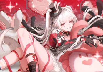 Rule 34 | 1girl, black gloves, black hat, boots, braid, brown boots, clothing cutout, commentary request, diamond (shape), diamond facial mark, facial mark, frilled sleeves, frills, gloves, grin, hat, hat ornament, heart, heart facial mark, highres, honkai: star rail, honkai (series), long hair, looking at viewer, mimisuke37, mini hat, mini top hat, pink eyes, rabbit hat ornament, reclining, red ribbon, red shirt, ribbon, shirt, shoulder cutout, single glove, smile, solo, sparkle (honkai: star rail), sparxie (honkai: star rail), top hat, twintails, very long hair, white hair, wide sleeves