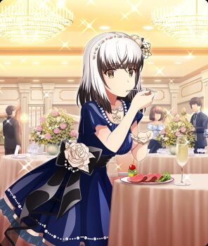 2boys 2girls alcohol bare_shoulders black_hair black_necktie black_suit blue_dress breasts brown_eyes brown_hair ceiling_light champagne champagne_flute chandelier cherry_tomato colored_tips cowboy_shot cup dress drinking_glass eating flower food formal_clothes game_cg garnish grey_hair hair_ornament indoors looking_at_viewer meat medium_breasts multicolored_hair multiple_boys multiple_girls necktie off-shoulder_dress off_shoulder official_art outstretched_hand pink_flower pink_rose plate rose round_table satsuki_yomi short_hair short_sleeves solo_focus sparkle suit table tablecloth third-party_source toji_no_miko toji_no_miko:_kizamishi_issen_no_tomoshibi tomato utensil_in_mouth vase white_dress white_flower white_rose