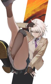 1girl absurdres asymmetrical_legwear black_background black_gloves black_skirt brown_socks collared_shirt commentary covenant_halo_(girls&#039;_frontline_2) english_commentary explosive fingerless_gloves full_body girls&#039;_frontline girls&#039;_frontline_2:_exilium gloves grenade highres jacket necktie official_alternate_costume open_clothes open_jacket orange_background panties pleated_skirt purple_necktie shenme_niao_mingzi shirt shoes short_hair simple_background skirt socks underwear vector_(girls&#039;_frontline) vector_(girls&#039;_frontline_2) vector_(vivi_sometimes_hides_her_molotovs)_(girls&#039;_frontline_2) vest white_background white_hair white_panties white_shirt white_shoes yellow_eyes yellow_jacket yellow_vest