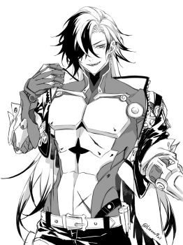 1boy abs arm_up bare_pectorals belt belt_buckle boothill_(honkai:_star_rail) buckle commentary_request cowboy_shot cropped_jacket cyborg greyscale hair_over_one_eye highres honkai:_star_rail honkai_(series) jacket liexxx9xi long_hair looking_to_the_side male_focus monochrome multicolored_hair one_eye_covered open_clothes open_jacket pants pectorals sharp_teeth sideways_glance simple_background smile solo teeth unzipped very_long_hair white_background zipper