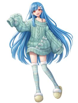 Rule 34 | 1girl, :d, aoi dialogue, blue thighhighs, bow, chain paradox, full body, hair bow, hatejima raichi, highres, long hair, looking at viewer, loose clothes, open mouth, red eyes, shirt bow, sleeves past fingers, sleeves past wrists, slippers, smile, solo, standing, sweater, thighhighs, very long hair