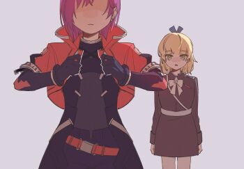 2girls adjusting_clothes blonde_hair commentary_request earrings green_eyes hair_ornament heaven_burns_red highres jewelry kawa_(chuan_kawa_) multiple_girls nanase_nanami_(heaven_burns_red) short_hair tezuka_saki