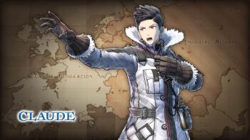 1boy 3d brown_eyes brown_hair claude_wallace clothes coat gloves headphones highres jacket male_focus map military military_uniform official_art official_wallpaper open_mouth radio sega senjou_no_valkyria_(series) senjou_no_valkyria_4 serious shirt short_hair solo standing