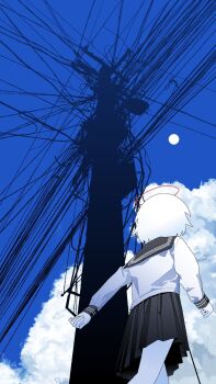 1girl angel black_sailor_collar black_skirt blue_sky chewchewer cloud colored_skin from_below halo highres microsoft_paint_(medium) nyan_(chewchewer) original outdoors power_lines red_halo sailor_collar school_uniform serafuku short_hair skirt sky solo sun utility_pole walking white_hair white_serafuku white_skin