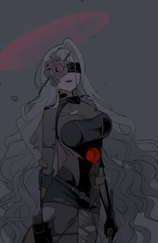 1girl armored_bodysuit black_bodysuit blindfold bodysuit covered_eyes flower flower_over_eye goddess_of_victory:_nikke grey_bodysuit halo lace-trimmed_blindfold open_mouth red_halo rose rose_(nikke) smile solo tokomichi