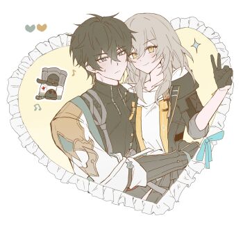 00rml 1boy 1girl absurdres aqua_bow arms_around_waist black_coat black_gloves black_hair black_shirt blush bow coat commentary_request dan_heng_(honkai:_star_rail) dan_heng_(hunt)_(honkai:_star_rail) diamond_(shape) earrings eyeliner gloves gold_trim grey_eyes grey_hair heart hetero high_collar highres honkai:_star_rail honkai_(series) jewelry korean_commentary makeup musical_note red_eyeliner shirt stelle_(honkai:_star_rail) sweatdrop trailblazer_(honkai:_star_rail) v white_background white_shirt yellow_background yellow_eyes