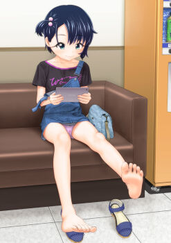 Rule 34 | 1girl, absurdres, aqua eyes, barefoot, blue hair, dark blue hair, dot nose, feet, female focus, full body, hair bobbles, hair ornament, highres, ogyadya, original, overall skirt, overalls, panties, pantyshot, sandals, shirt, shoes, short hair, side ponytail, sitting, soles, solo, t-shirt, toes, underwear, unworn sandals, unworn shoes